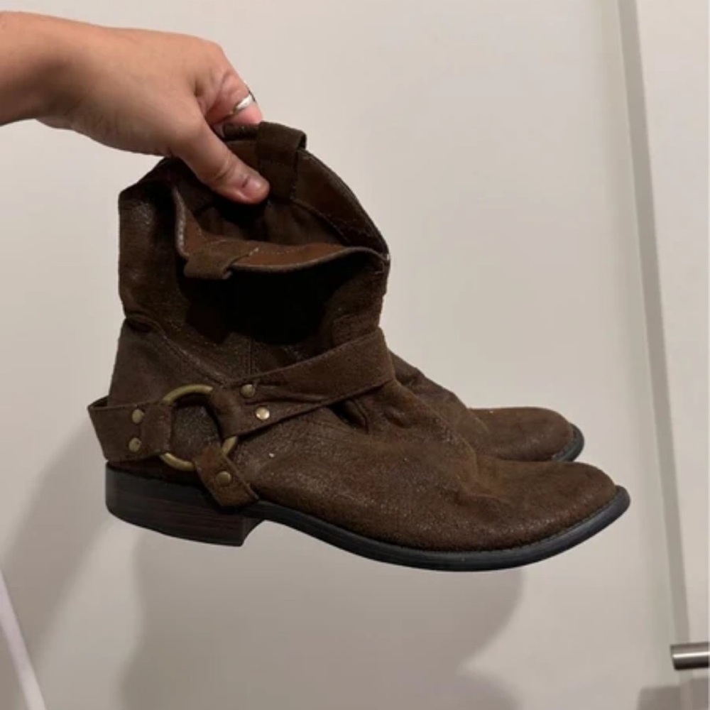 Brown Suede Harness Ankle Boots